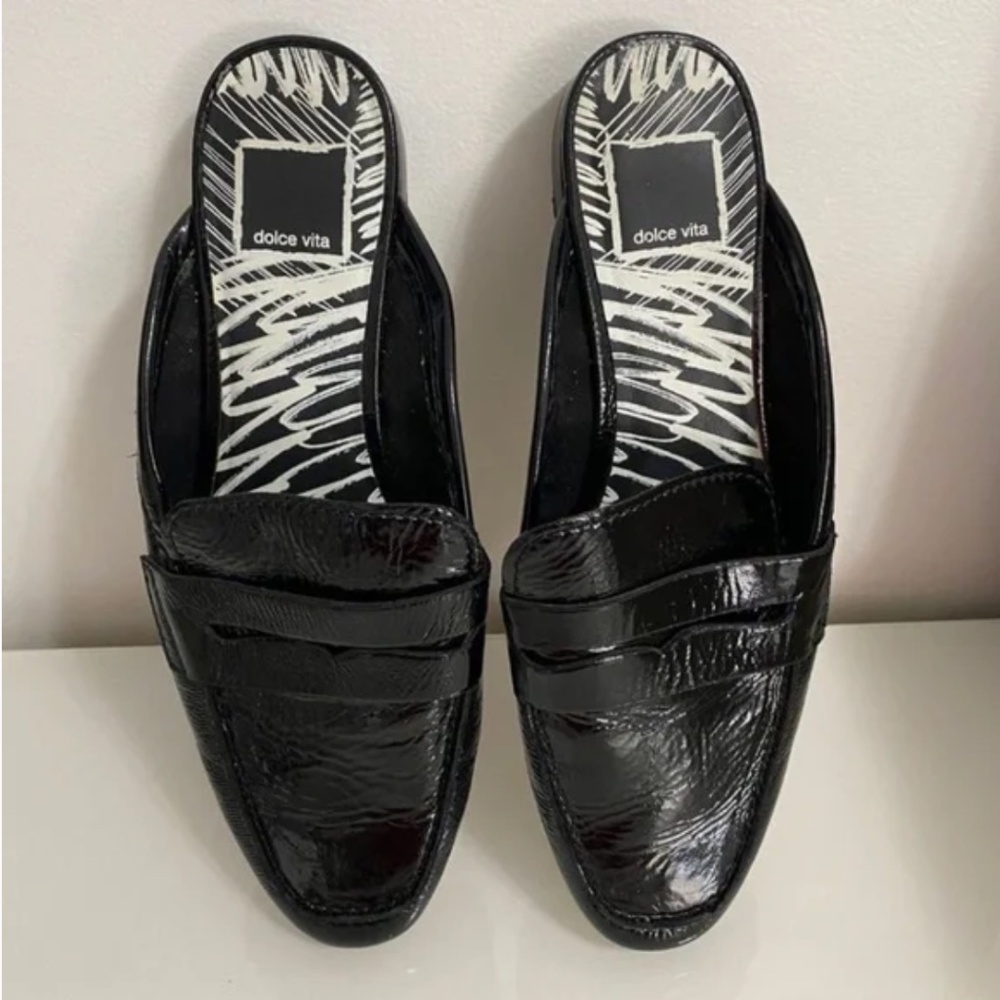 Like-New- Dolce Vita Black Genuine Leather Patent Loafer Mules Shoes (6)
